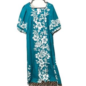 Royal Creations Hawaii Floral Print Moo Moo Dress Teal Vintage Womens Large